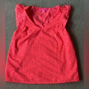 Lilly Pulitzer Bright Coral Pink Eyelet V-Neck Ruffle Sleeve Camisole